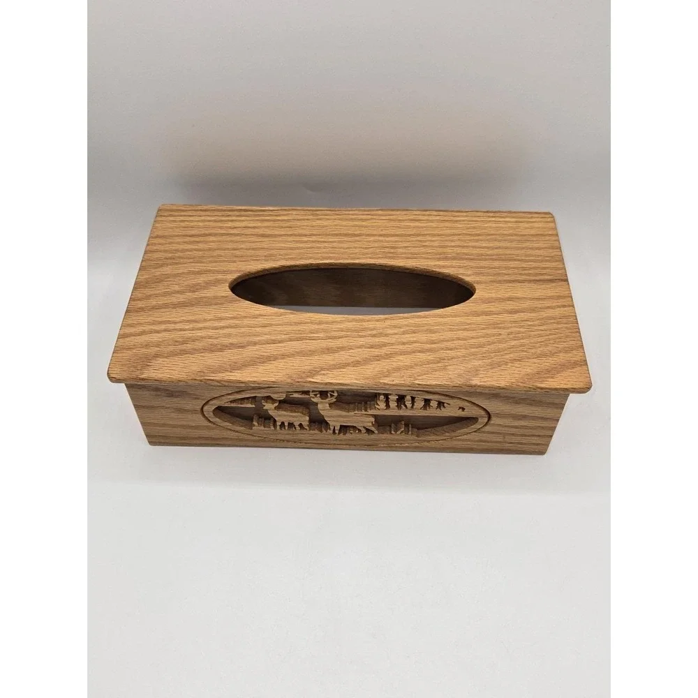 Oak Wood Tissue Box Cover Deer Wildlife Carved Panel Rustic Cabin Decor